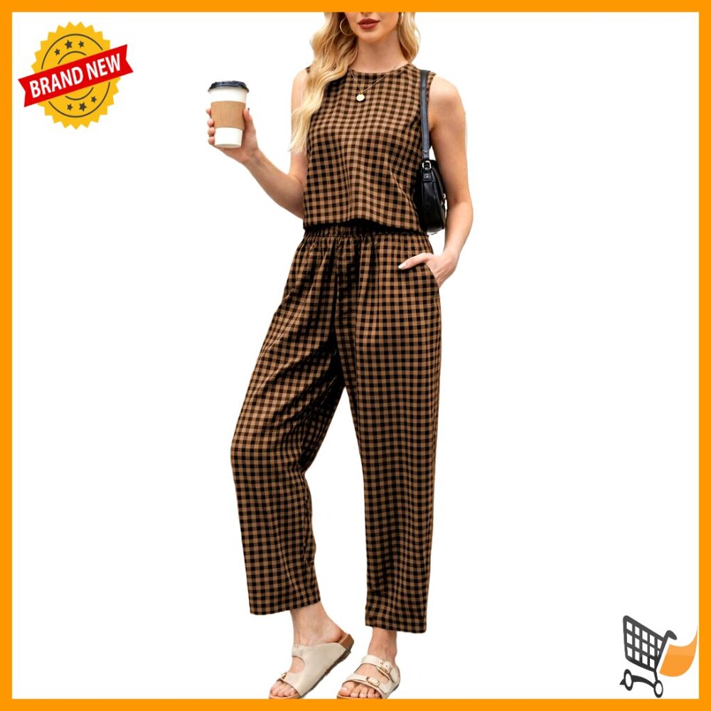 Linen Cotton Lounge Set Sleeveless Crop Top Wide Leg Pants Pockets